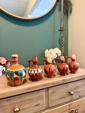 Vintage Bulgarian Folk Art Pottery Jug Set Hand Painted 6pc